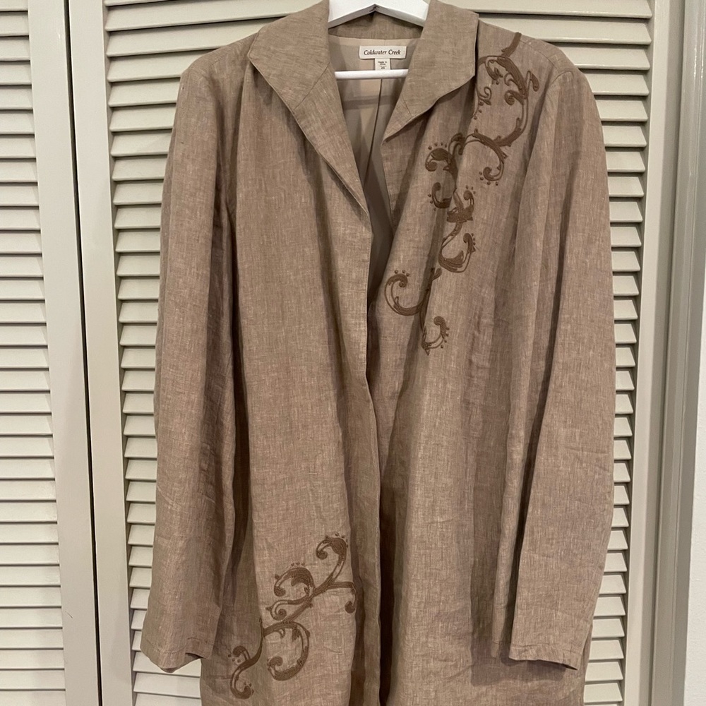 Coldwater Creek Linen jacket. Beautifully embroidered Beige/Brown plus size 20.